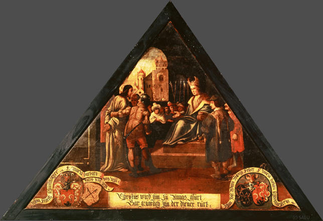 Christus wird hin zuo Annas g'fuert,
Gar grüwlich Ihn der diener ruert.

Bildnummern: Kdm LU 97b, Inschriftenverzeichnis 20r, von Moos XX