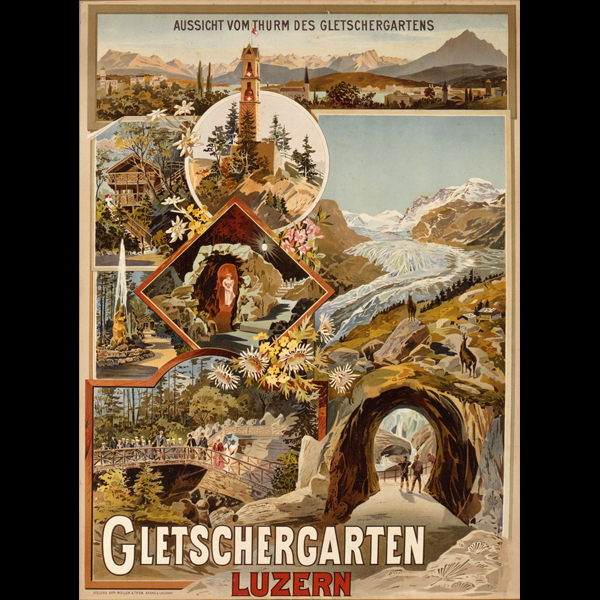 Werbeplakat mit Turm, Triton-Springbrunnen, Gletschertöpfen und Versteinerungen (unten rechts) sowie imaginärer Gletscherlandschaft als Verweis auf den nach 1897 kurzzeitig bestehenden Gemspark.