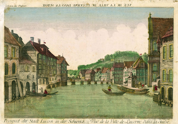 Die im 18. Jahrhundert populär gewordenen Guckkästen, zeigten meist kolorierte Ansichten von Landschaften und Städten. Um im Spiegel in der richtigen Form zu erscheinen, sind Guckkastenbilder spiegelverkehrt
