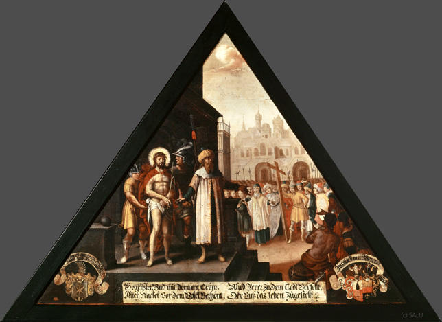 Gegeisslet, Und mit dörnen Crönt,
Auch nacket vor dem Volck verhönt,

Wird Jener zu dem Todt Verfellt,
Der Unss das leben zugestellt.

Bildnummern: Kdm LU 86b, Inschriftenverzeichnis 31r, von Moos XXXI