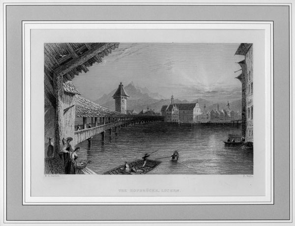 Die Hofbrücke mit dem Pilatus und dem Wasserturm im Hintergrund aus William Beatties «Switzerland»
