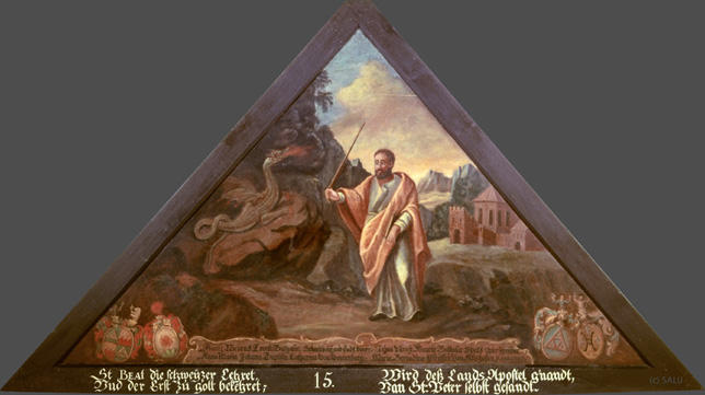 St. BEAT die schweÿzer Lehret,
Und der Erst zu gott bekehret;

Wird dess Lands Apostel g'nandt,
Von St. Peter selbst gesandt.

Bildnummern: Kdm LU 15, Halter LXIII, Eglin 15