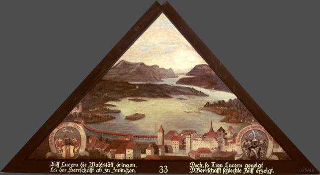 Auf Lucern die Waldstätt dringen,
Es der herrschaft ab zu zwingen,

Doch, so Treu Lucern geneigt
d'Herrschaft schlechte Hilff erzeigt.

Bildnummern: Kdm LU 33, Halter XLVI, Eglin 33