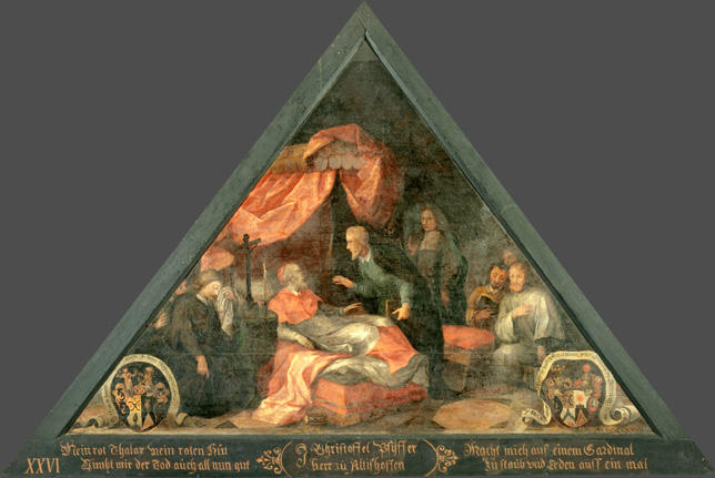 Mein rot Thalar mein rothen Hut
Nimbt mir der Tod auch all nun gut

Macht mich aus einem Cardinal
Zu staub und Erden auff ein mal.

Bildnummern: Kdm LU 66, Halter XXVI, Eglin 6