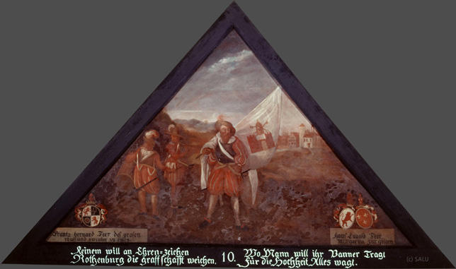 Keinem will an Ehren=Zeichen
Rothenburg die graffschafft weichen,

Wo Mann will ihr Panner Tragt,
Für die Hochheit Alles wagt.

Bildnummern: Kdm LU 10, Halter LXVIII, Eglin 10