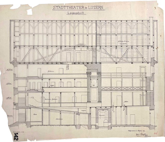 Die Aufnahme des Ist-Zustandes von 1894 offenbart die Konstruktion des Gebäudes. Im Zuschauersaal wurden die drei Ränge von Säulen gestützt.