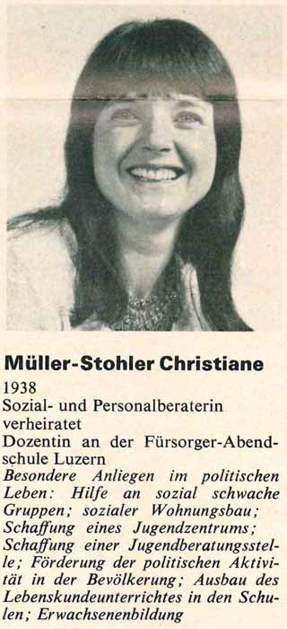 Ab dem 1. Juli 1971 vertrat Christiane Müller-Stohler die Interessen der Liberalen Partei im Grossen Stadtrat.