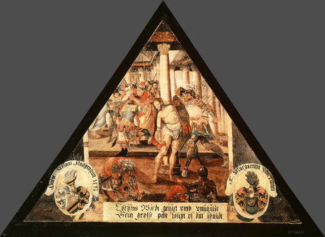 Christus Wirdt geislet vmb vnschuldt
Sein grosse pein löscht vs din shulldt.

Bildnummern: Kdm LU 89b, Inschriftenverzeichnis 28r, von Moos XXVIII