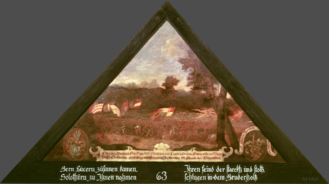 Bern Lucern zusamen kamen,
Solothurn zu Jhnen nahmen,

Jhren feind, der starckh und stoltz,
schlugen im dem Bruderholtz.

Bildnummern: Kdm LU 65, Halter XII, Eglin 63