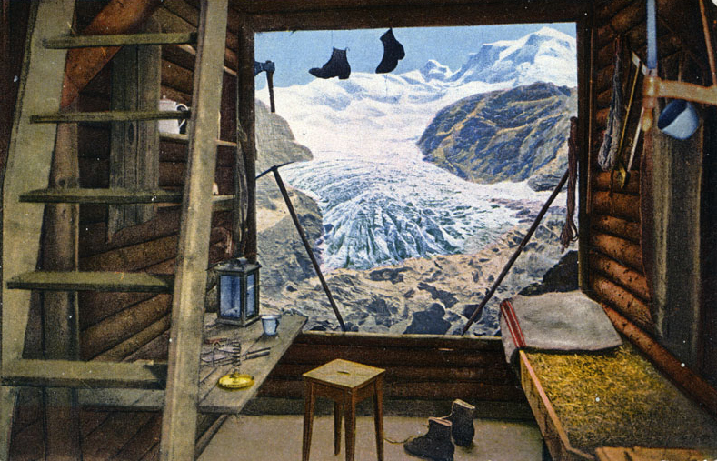 Auf dem Weg zum Aussichtsturm lässt sich seit 1895 im Nachbau einer Berghütte rasten und gefahrlos in eisige Abgründe blicken.