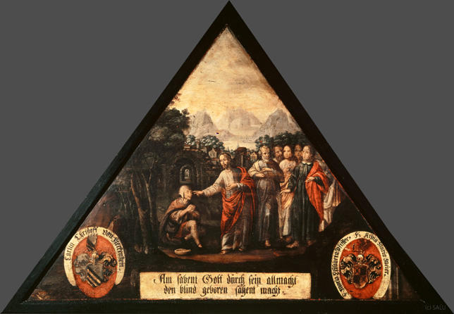 Am sabent Gott durch sein allmacht
den blind geboren sahent macht

Bildnummern: Kdm LU 70a, Inschriftenverzeichnis 47v, von Moos 73
