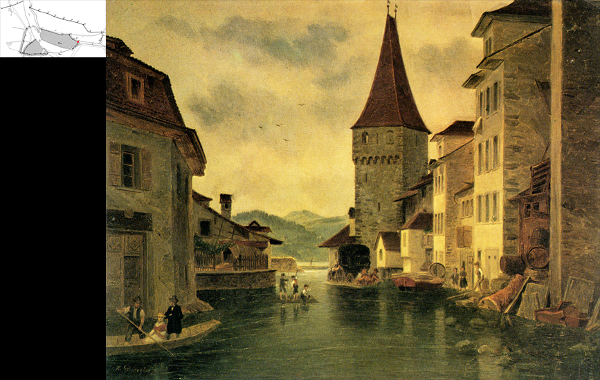 Die letzten Turmreste wurden im Mai 1849 abgetragen. Vor Auffüllung/Überdeckung bildeten Grendel, Grabenstrasse und Löwengraben den nördlichen Stadtgraben. Am rechten Bildrand: der Rosengartenturm.