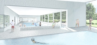 Innenansicht geplantes Hallenbad vom 25-Meter-Becken in Richtung Mehrzweckbecken