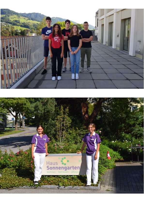 Neue Lernende der Stadtverwaltung Altstätten von links nach rechts: Sebastian Hengartner, Leana Custodia, Alessandro Di Lena, Luna Bellino, Nevio Schmid / Neue Lernende im Haus Sonnengarten von links nach rechts: Angjelina Kennou, Sara Arleo  