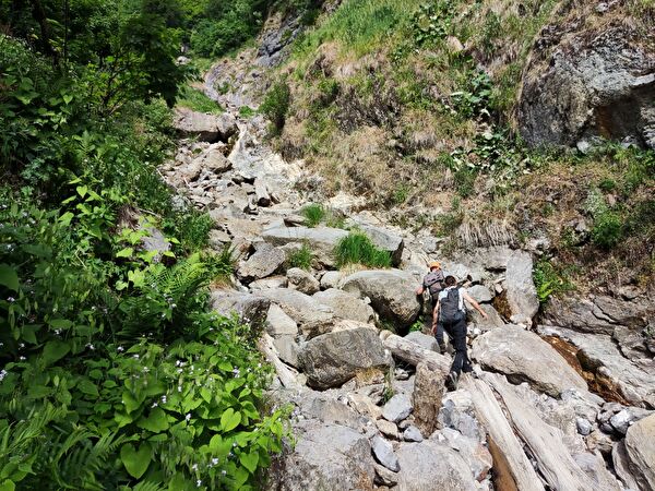 Teils meterhohe Felsbrocken liegen im Bachbett des Lienzer Bachs. Wenn die Wucht des Wassers genügend gross ist, werden diese bis ins Dorf transportiert. Durch geeignete Massnahmen können Schäden im Siedlungsgebiet verhindert werden