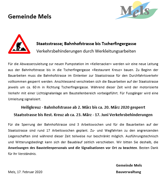 Verkehrsbehinderungen durch Werkleitungsarbeiten - Staatsstrasse; Bahnhofstrasse bis Tscherfingergasse