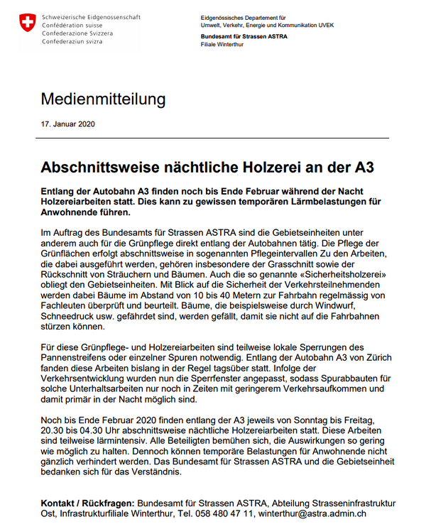 Bundesamt für Strassen ASTRA - Abschnittsweise nächtliche Holzerei an der A3