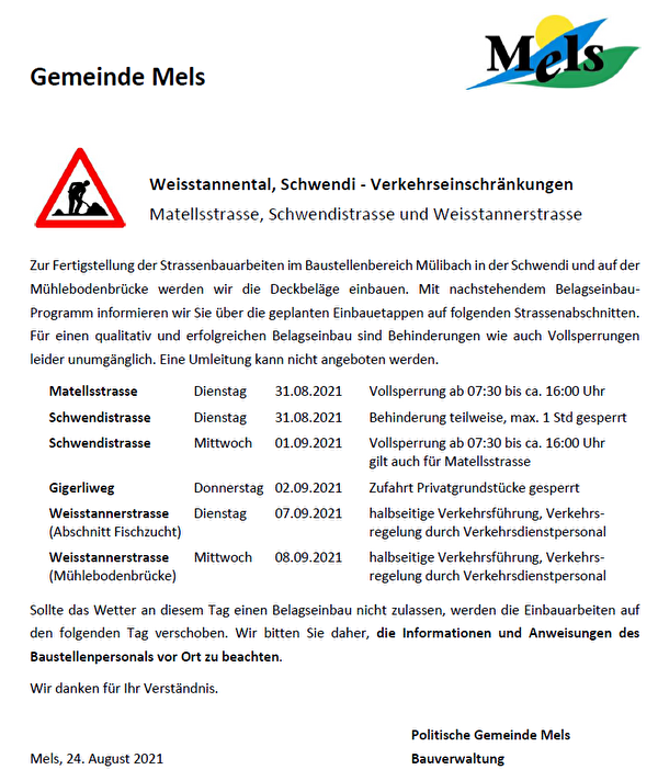Verkehrseinschränkngen Weisstannental, Schwendi
