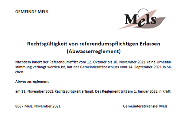 Rechtsgültigkeit von referendumspflichtigen Erlassen (Abwasserreglement)