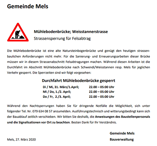 Mühlebodenbrücke; Weisstannerstrasse / Strassensperrung für Felsabtrag
