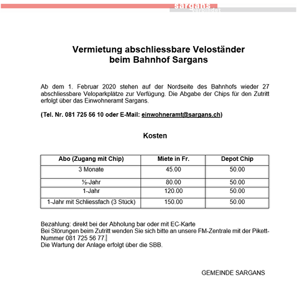 Gemeinde Sargans - Vermietung abschliessbare Veloständer beim Bahnhof Sargans