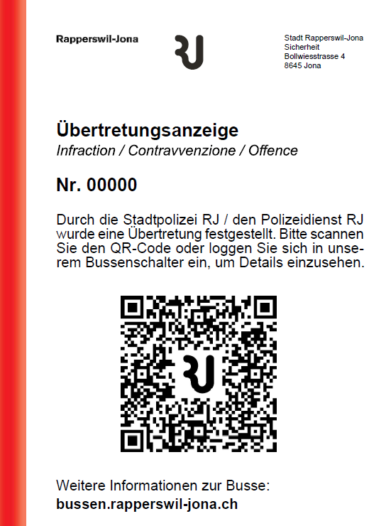 Muster einer Ordnungsbusse mit QR-Code und Internetlink