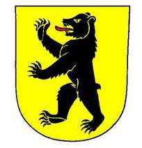In Gold ein aufrechter schwarzer rotgezungter Bär.
