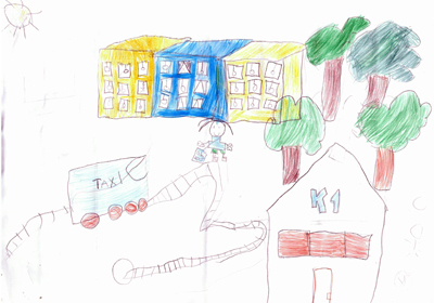 Kinder zeichneten, was sie sehen, was sie kennen gelernt, was sie zu Fuss abgeschritten haben. Stellvertretend dazu die Zeichnung eines achtjährigen Mädchens aus Langenthal.