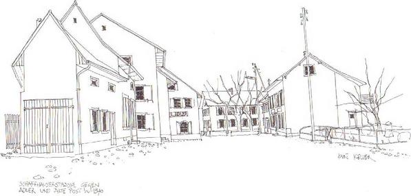Schaffhauserstrasse in Richtung Gasthof Adler und alte Post um 1970. Gezeichnet von Kurt Keller, Stein.
