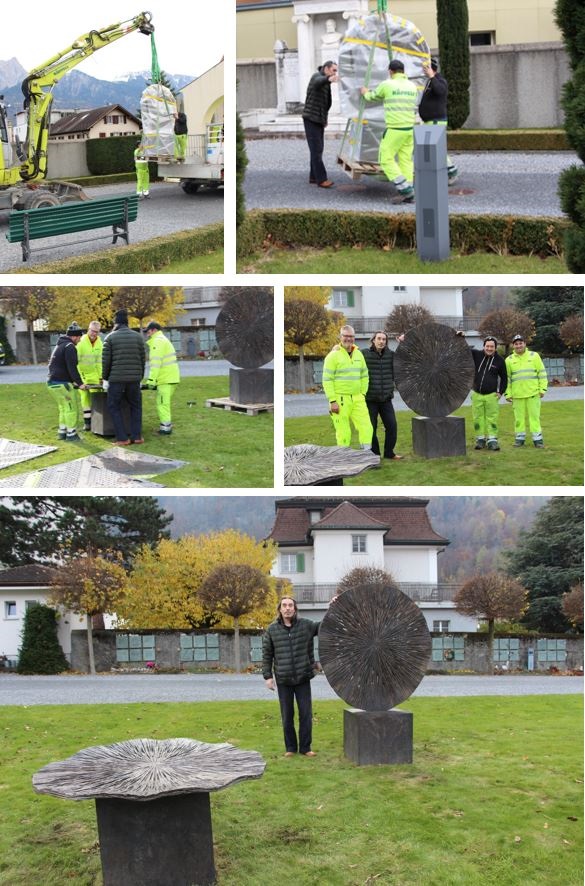 Der Künstler Pascal Murer mit den Skulpturen Sol und Solea auf dem Friedhof Bad Ragaz