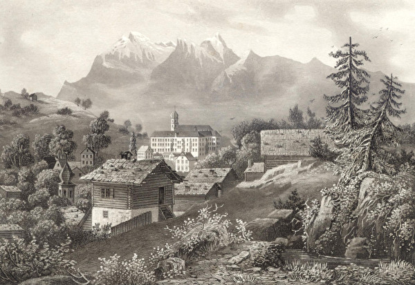 Stich der Abtei Pfäfers. Im Vordergrund das Dorf Pfäfers, im Hintergrund der Falknis.
