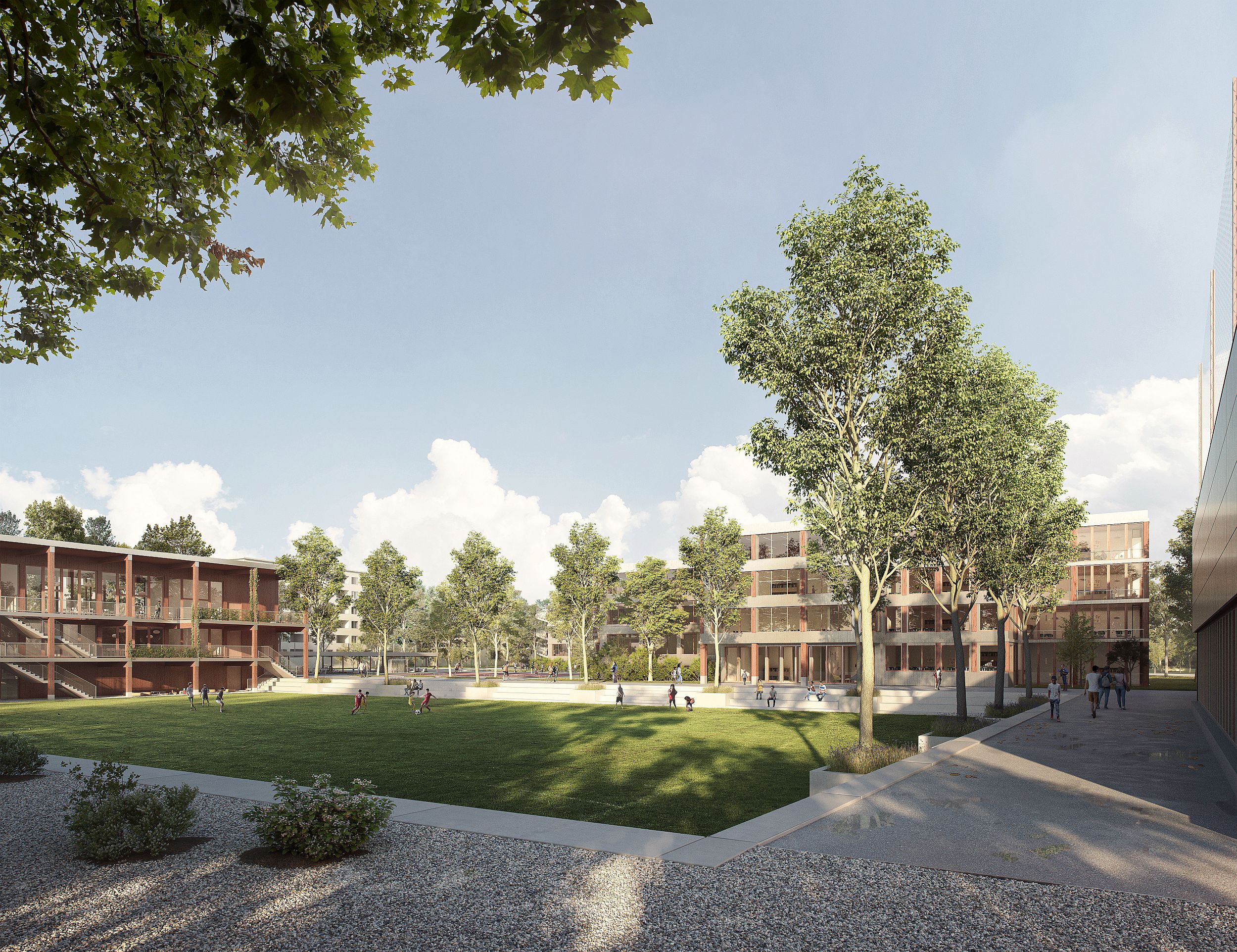 Visualisierung Blick über das Rasenspielfeld; VPA Architektur