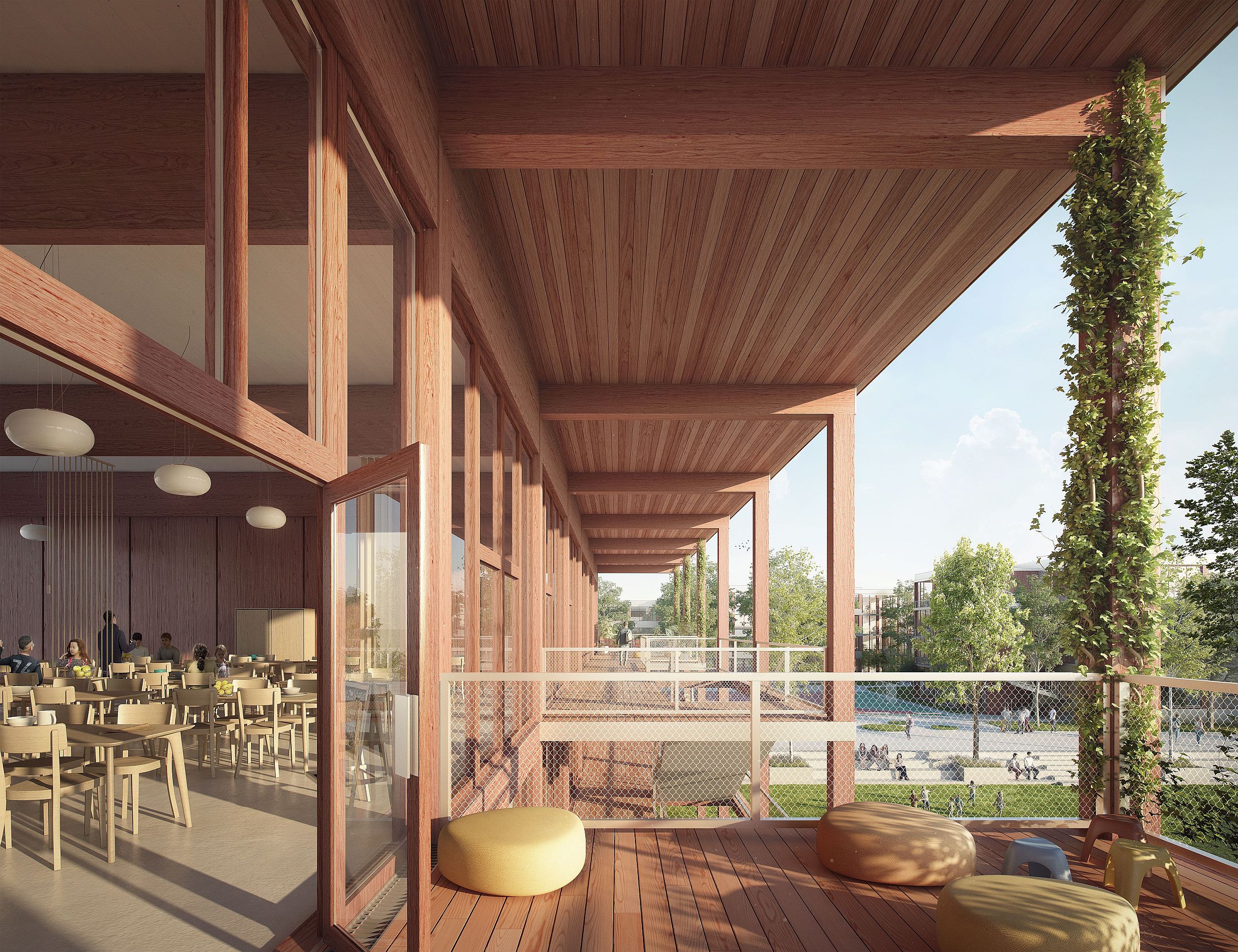 Visualisierung Veranda mit Blick in die Mensa und zum Park; VPA Architektur