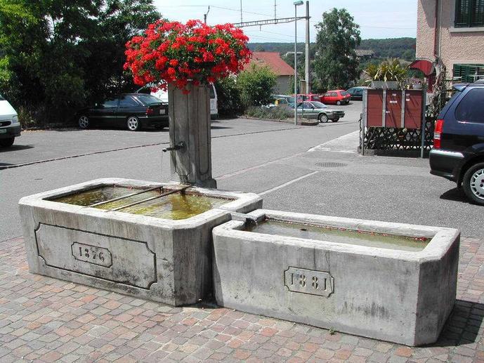 Der Brunnen an der Bahnhofstrasse steht neben der Bäckerei Rechsteiner und zeigt das Baujahr 1876, der kleine Nebenbrunnen trägt das Datum 1881. Er ist mit 3 Liter/Minute dem Leitungsnetz angeschlossen.
