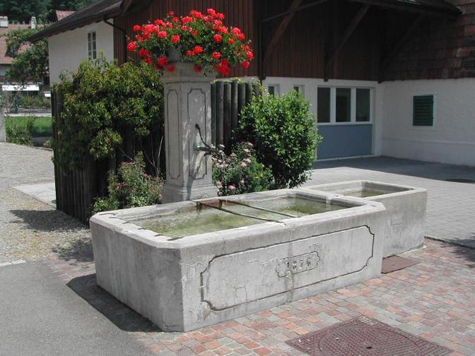 Wir nennen den Brunnen so, weil er direkt gegenüber dem Gemeindehaus an der Dorfstrasse steht. Erstellt wurde der Brunnen im Jahr 1876, der kleine Nebenbrunnen genau 50 Jahre später, also 1926. - Gespiesen wird der Brunnen mit 3 Liter/Minute aus dem Leitungsnetz.