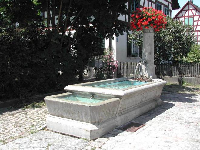 Trägt das Baujahr 1891. Der Brunnen wird aus einer Quelle mit 10 Liter/Minute gespiesen und sollte daher nicht als Trinkwasser dienen. Entsprechend wurde beim Einflussrohr ein entsprechender Schutz angebracht.