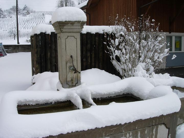 Der Dorfbrunnen vis-à-vis vom Gemeindehaus könnte kaum schöner verziert werden. Aber bis zum Herbstfest wird es kaum halten.