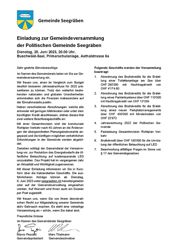 Einladung inkl. Traktanden