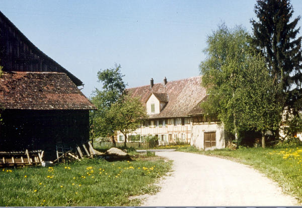 Aufnahme 1977
v.l. Bauernhaus Friedli (wurde abgerissen), Dreifamilienhaus Gärtli und Salzhäuschen der Gemeinde.