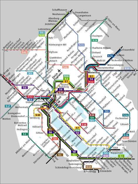 Das Netz der S-Bahnlinien im Kanton Zürich. Zum Fahrplan gelangen Sie unter http://fahrplan.zvv.ch

