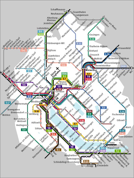 Das Netz der S-Bahnlinien im Kanton Zürich. Zum Fahrplan gelangen Sie unter http://fahrplan.zvv.ch