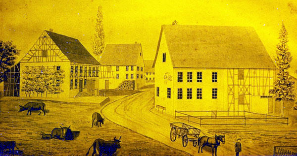 Zeichnung um die Jahrhundertwende 1900
Auf der Zeichnung ist die Rechtskurve der heutigen Kaiserstuhlstrasse, um die Metzgerhalle herum, gezeigt. 