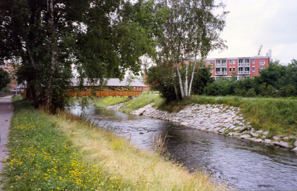 Die Glatt mit Holzsteg und Gemeindezentrum