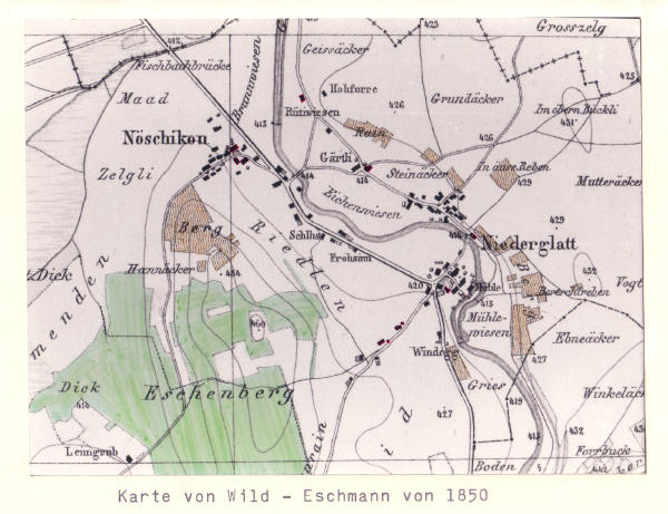 Rebenplan von 1850
Die Karte zeigt wo früher Reben angebaut waren.