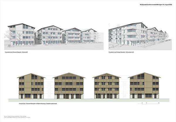 Visualisierung Strassenfassade, Südansicht, Südwestansicht, Materialisierung