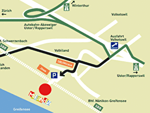 Milandia ist mit dem öffentlichen Verkehr (ÖV) wie auch mit dem Auto gut erreichbar. -ÖV: Bus-Haltestelle Volketswil, Milandia (Bus-Nr. 727) oder 15 Minuten Fussweg ab den SBB-Stationen Nänikon-Greifensee oder Schwerzenbach.
-Auto: In einer Minute ab Autobahnausfahrt Volketswil / Greifensee. Details dazu auf www.milandia.ch 