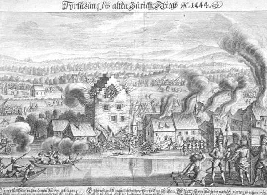 Belagerung von Greifensee im Jahr 1444 nach einem Stich von Johann Lochmatter, 1700 - 1762