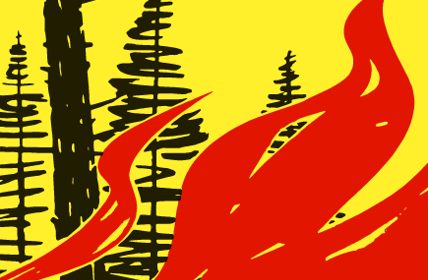 Symbolbild Waldbrandgefahr mit verkohlten Tannen und roten Flammen