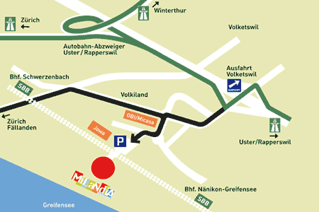Milandia ist mit dem öffentlichen Verkehr (ÖV) wie auch mit dem Auto gut erreichbar. -ÖV: Bus-Haltestelle Volketswil, Milandia (Bus-Nr. 727) oder 15 Minuten Fussweg ab den SBB-Stationen Nänikon-Greifensee oder Schwerzenbach.
-Auto: In einer Minute ab Autobahnausfahrt Volketswil / Greifensee. Details dazu auf www.milandia.ch 