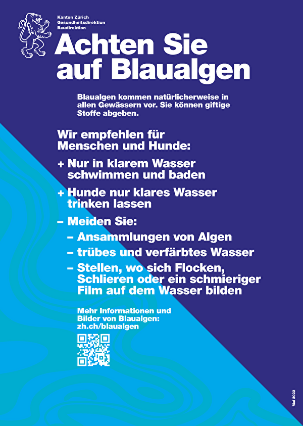 Plakat der Baudirektion mit Verhaltensempfehlungen betreffend Blaualgen